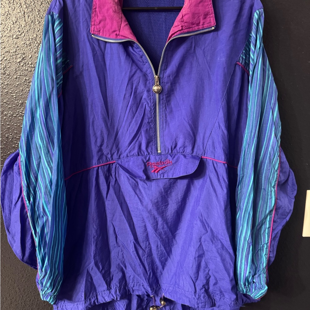 90s Vintage Reebok Purple Windbreaker Pullover with Teal Stripe Sleeves